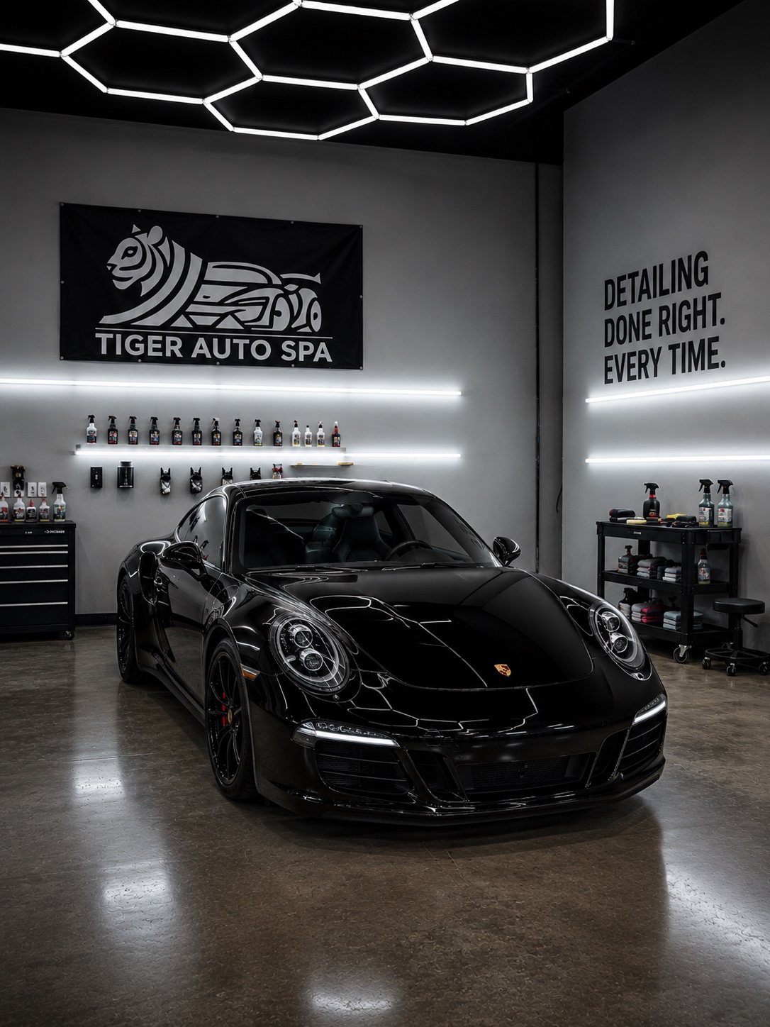 Black Porsche detailed and ceramic coated by Tiger Auto Spa in Oklahoma