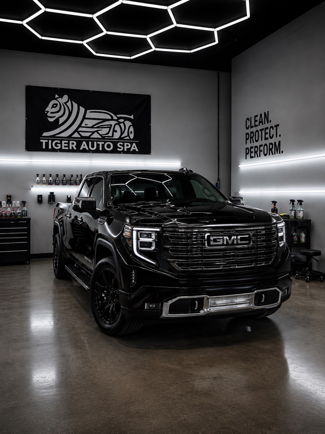 Black GMC Sierra detailed at the shop